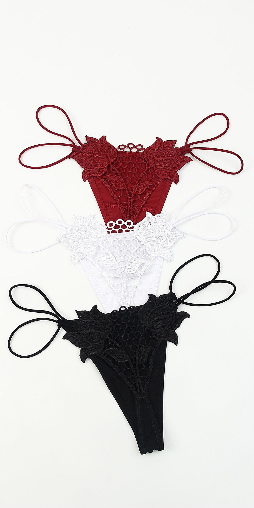 Sexy Embroidered Thong Ice Silk Hollow Double Spaghetti Strap Seduction Panties
