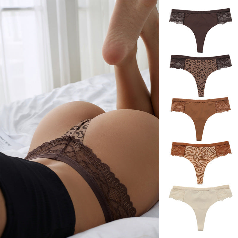 French Sexy Lace Splicing Leopard Print No Trace Thong Panties