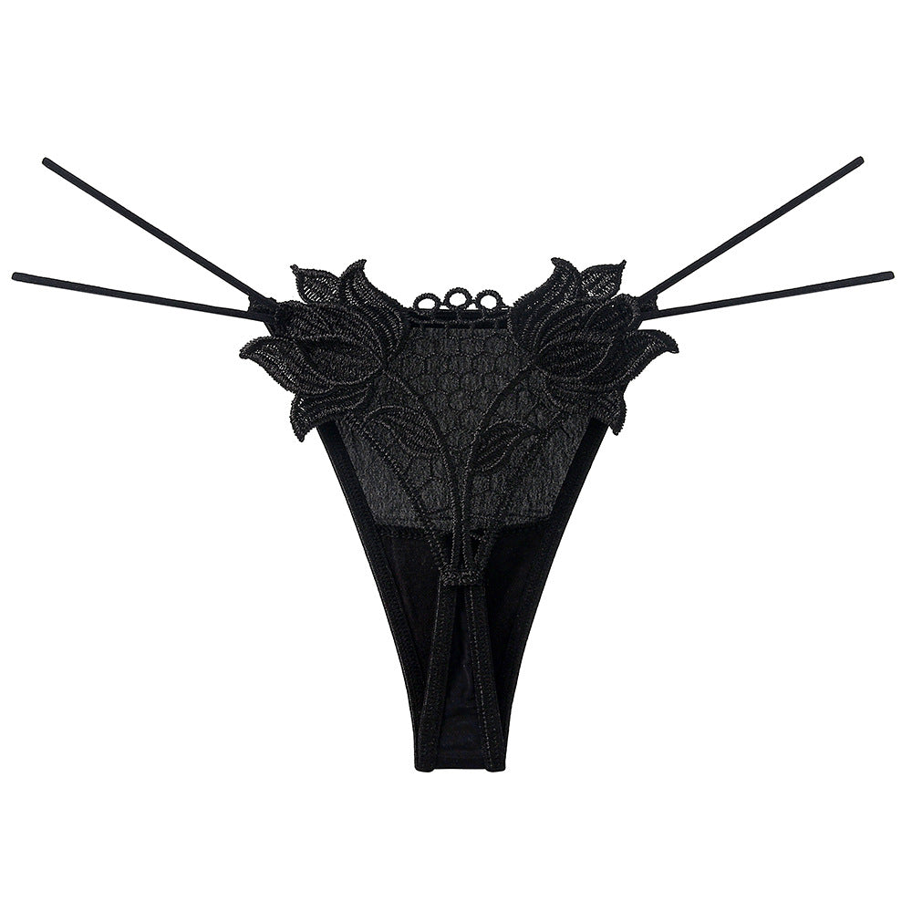 Sexy Embroidered Thong Ice Silk Hollow Double Spaghetti Strap Seduction Panties