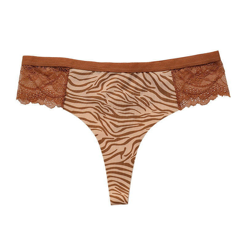 French Sexy Lace Splicing Leopard Print No Trace Thong Panties