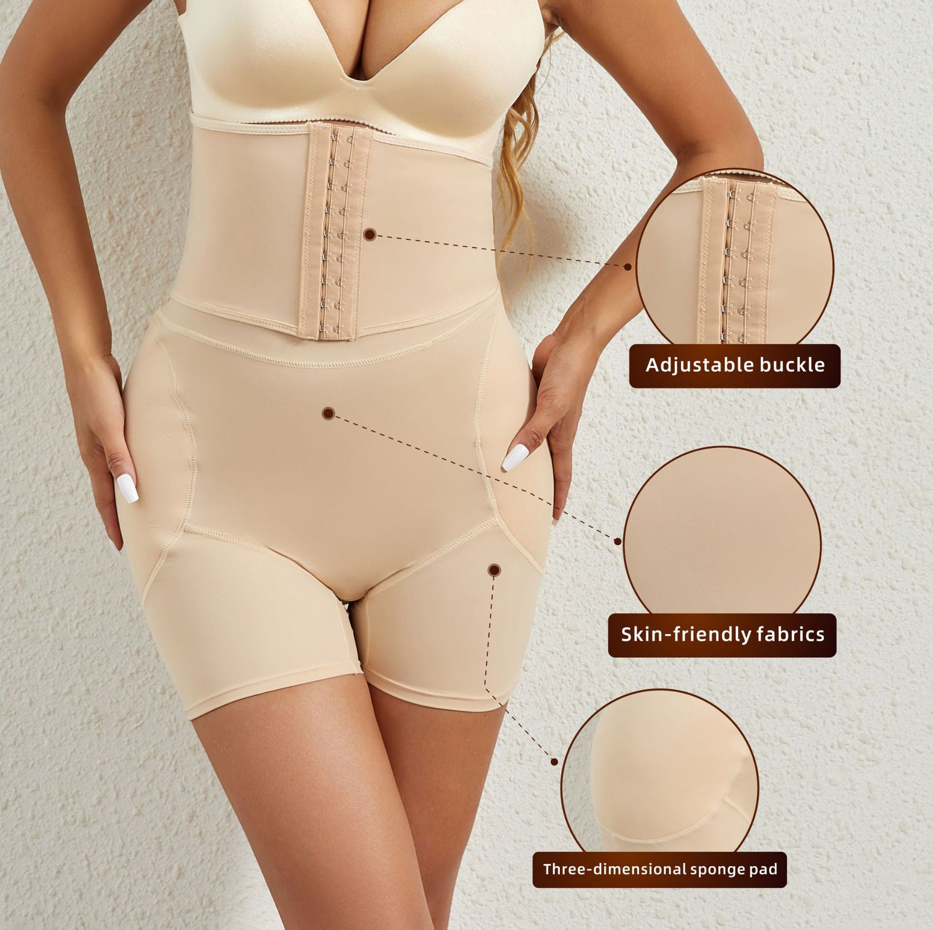 High Waisted Fixed Foam Padded Buttock and Crotch Plumping Buttoned Shapewear