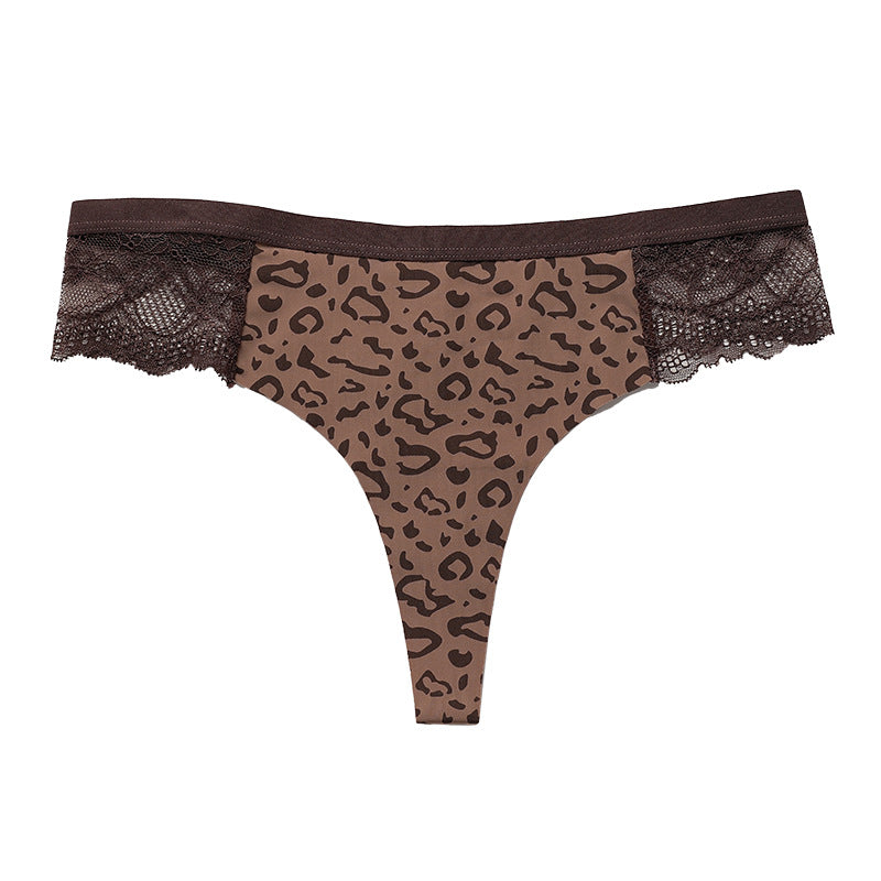 French Sexy Lace Splicing Leopard Print No Trace Thong Panties