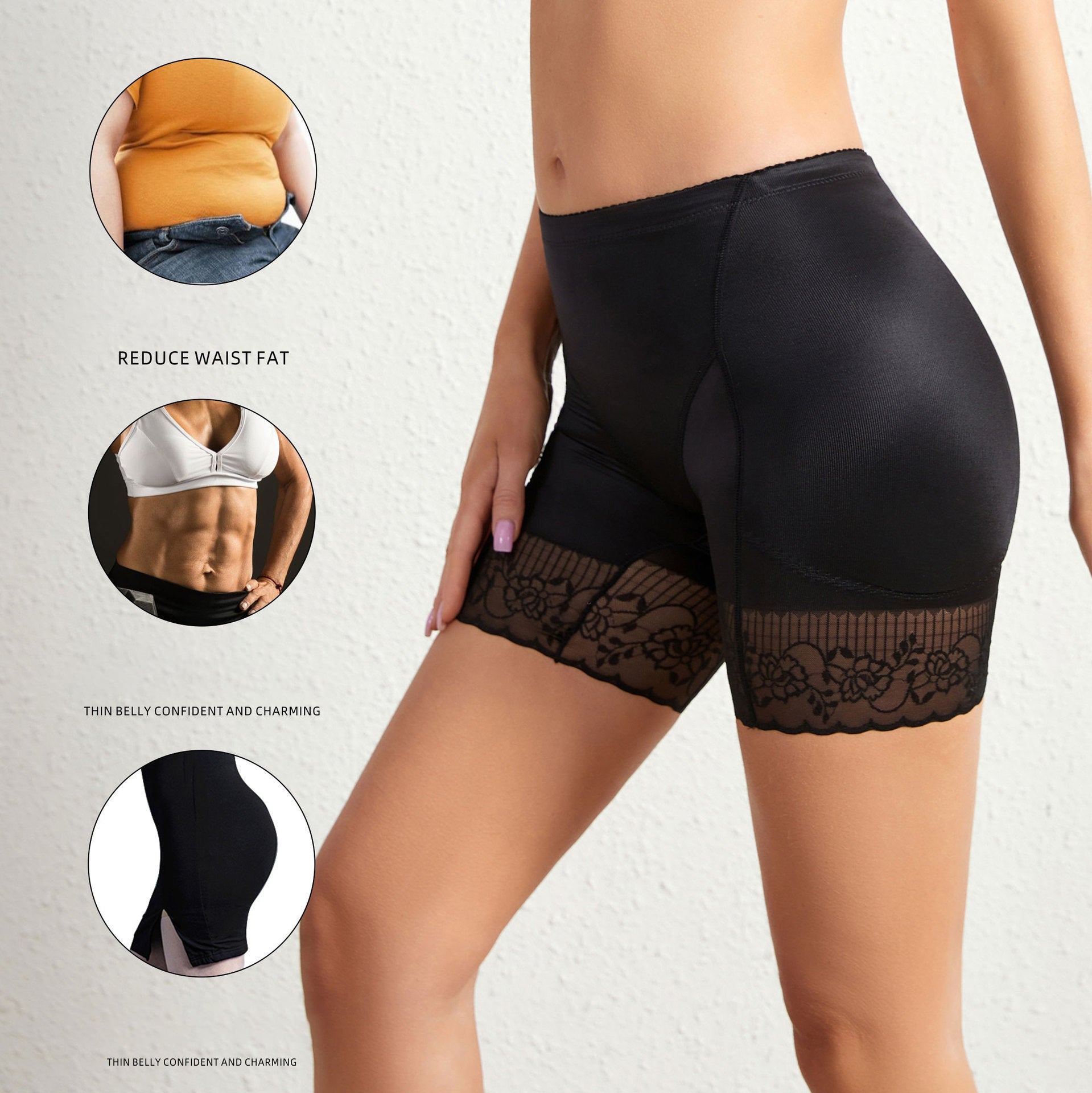 Jacquard Lace Edge Sponge Padded Hip & Crotch Shapewear Tummy Tuck Pants